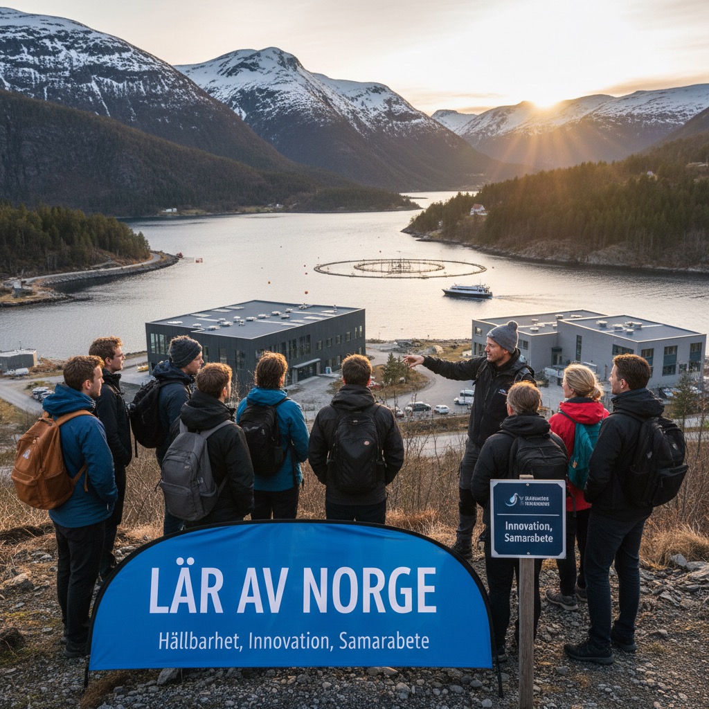 En guide visar en grupp besökare utsikten över en norsk fjord med snötäckta berg och fiskodlingar.